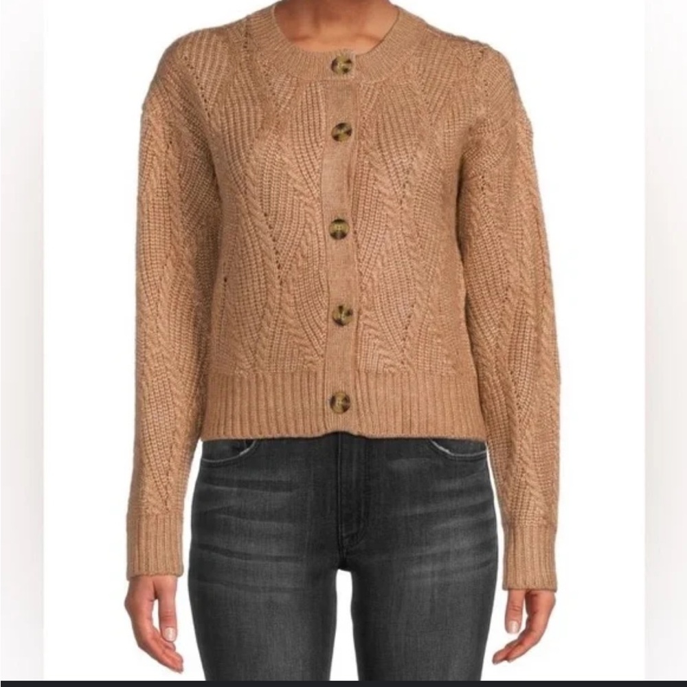 Saks Fifth Ave. Cable Knit‎ Oatmeal Tan Cardigan Cropped Fitted Size XSmall